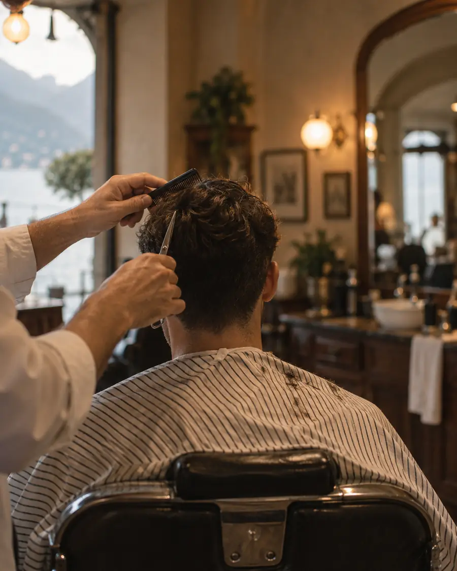 Barbiere al lavoro con la lama su una barba, in una poltrona di pelle scura