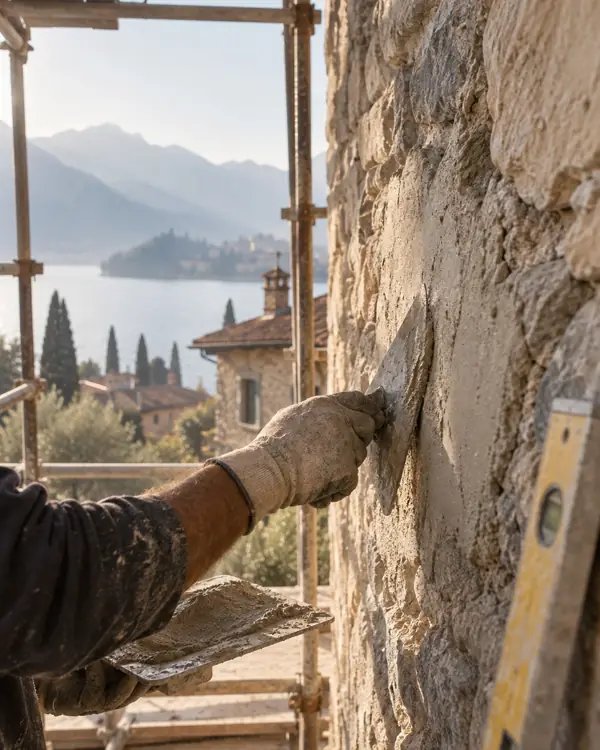 Operaio che stende intonaco su una parete in pietra