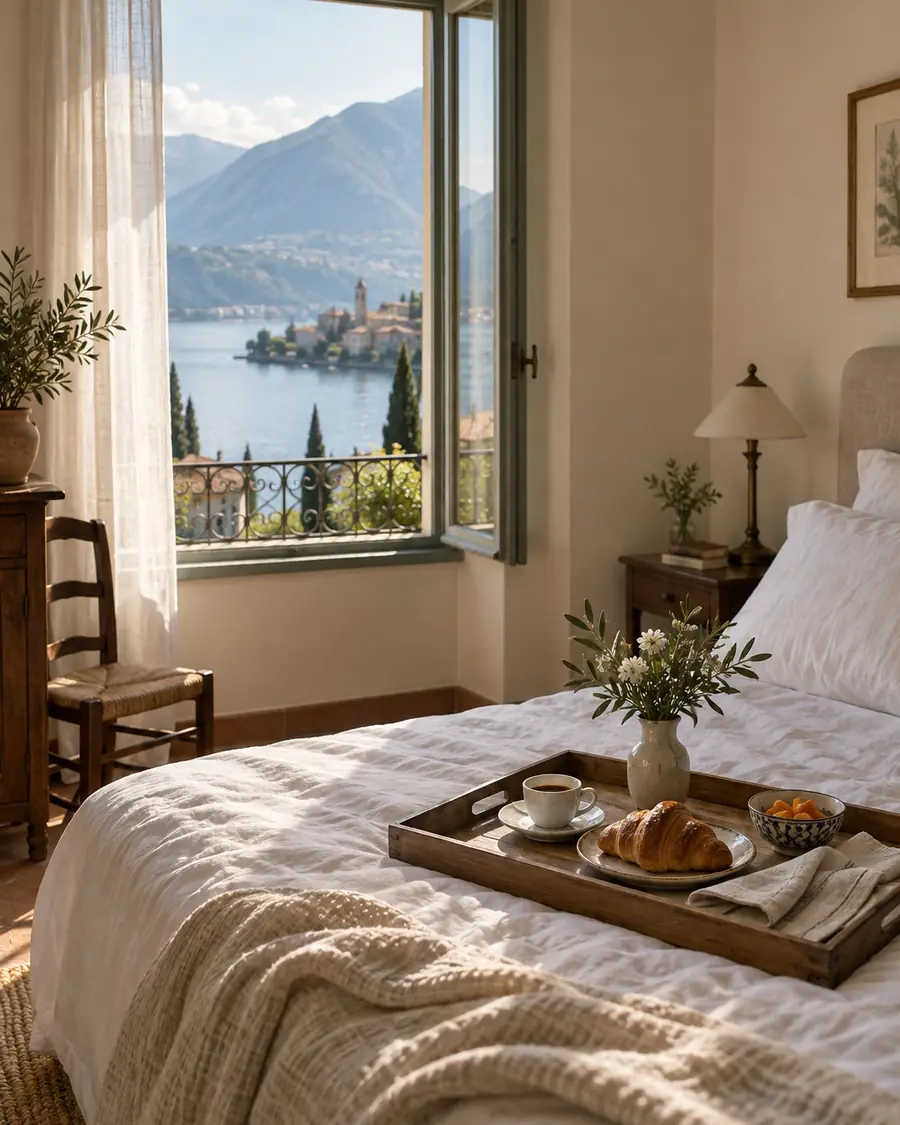 Camera con finestra aperta sul lago, letto in lino bianco e vassoio della colazione