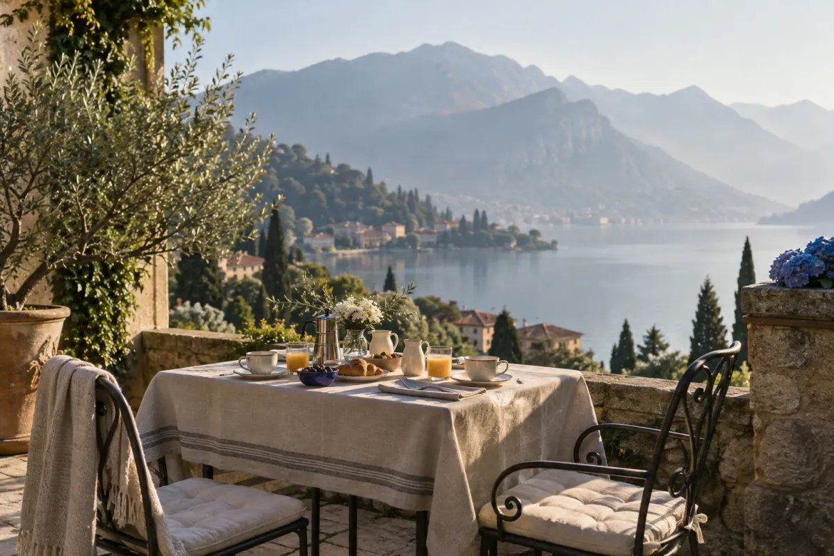 Terrazza di un B&B sul lago al mattino