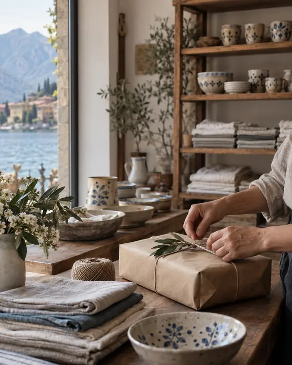 Ceramiche e tessuti esposti sulle mensole di legno