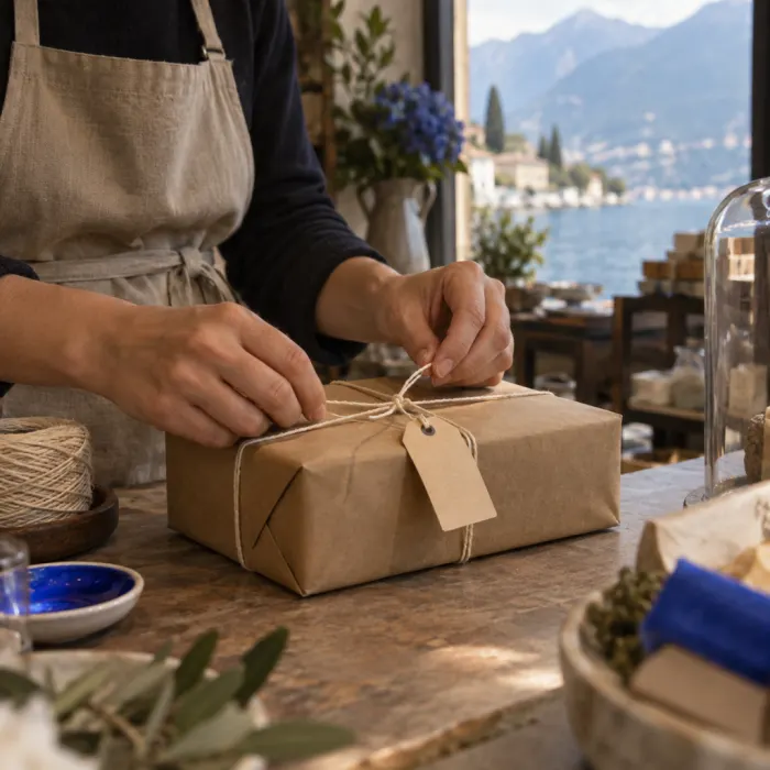 Mani che chiudono un pacchetto con spago
