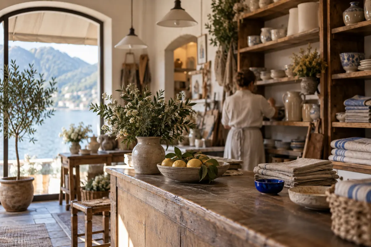 Interno di una bottega con mensole in legno