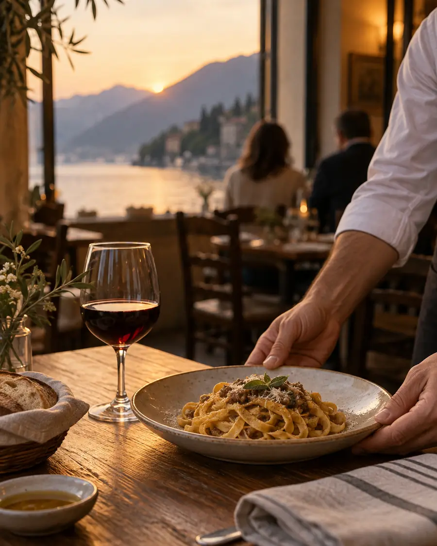 Piatto di tagliatelle al ragù servito in sala con vista sul lago al tramonto