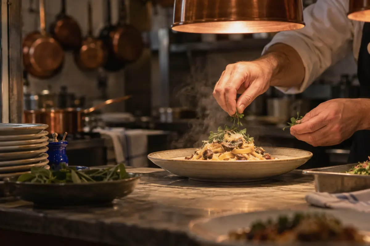 Cucina di una trattoria all'ora del servizio