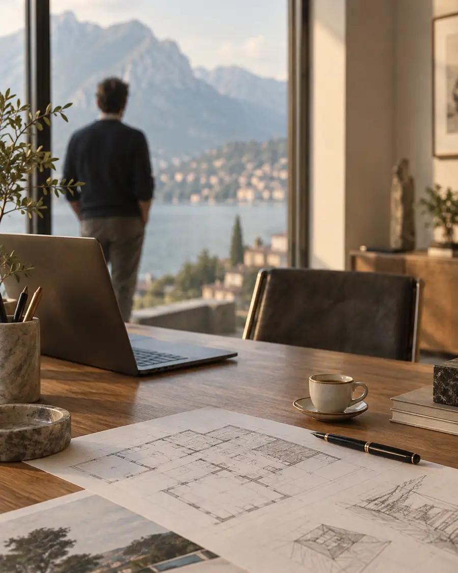Sala riunioni luminosa dello studio con tavolo di lavoro, planimetrie e modelli di progetto