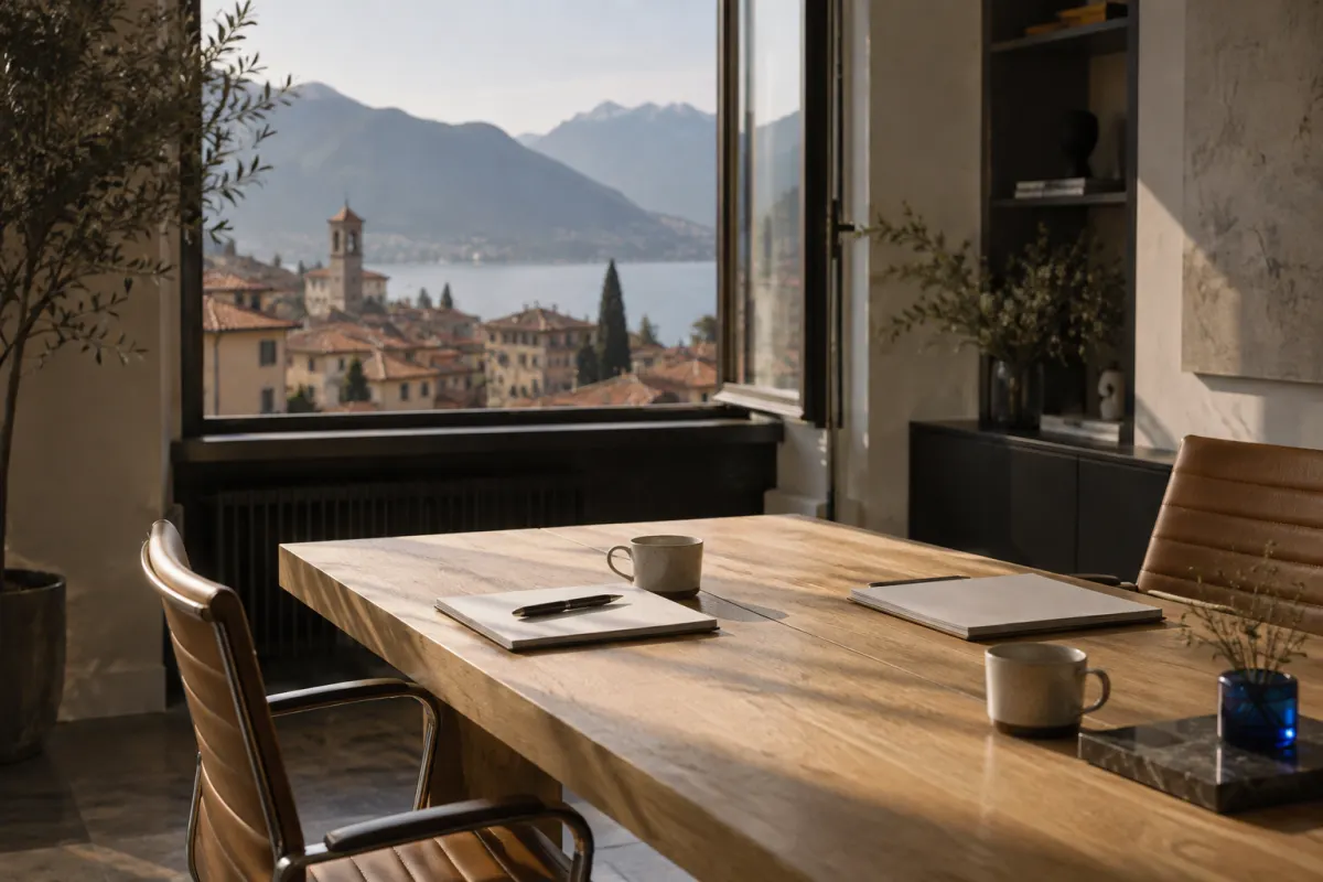 Sala riunioni di uno studio con vista sui tetti